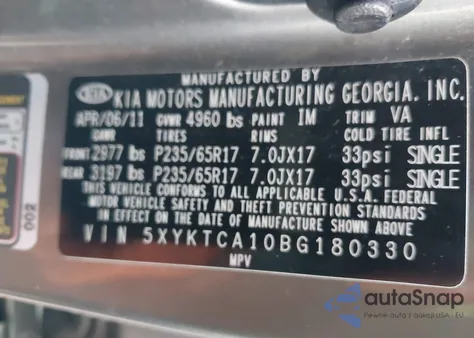 2011 Kia Sorento Lx from USA, damaged, VIN 5XYKTCA10BG180330